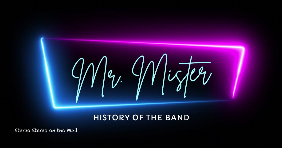 Black background with neon lines surrounding the word "Mr. Mister." Below is the phrase "History of the band."